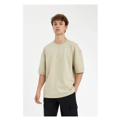 DEFACTO Men's Beige Loose Fit Loose Cut Crew Neck Printed Heavy Fabric Cotton Short Sleeve T-Shi