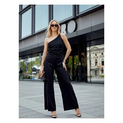 Elegant one-shoulder overall with wide legs in black