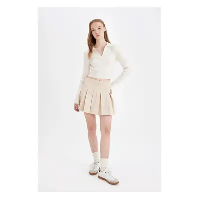 DEFACTO Cool Pleated Normal Waist Basic Plain Gabardine Mini Skirt