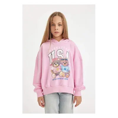 DEFACTO Girl Pink Oversize Fit Wide Pattern Hooded Teddy Bear Printed Sweatshirt D0608a824au