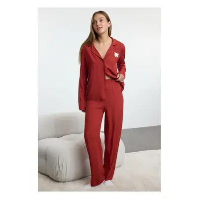 Trendyol Brick Teddy Bear Embroidered Viscose Woven Pajama Set