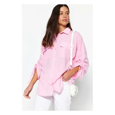 Trendyol Light Pink Sleeves Adjustable Gathering Detailed Woven Cotton Shirt