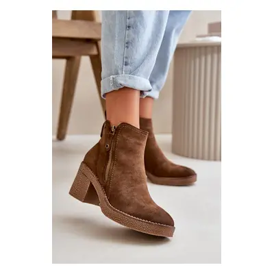 Insulated women's ankle boots on a heel made of eco suede dark brown Velarilla