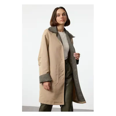 Trendyol Beige Plaid Lined Regular Midi Trench Coat