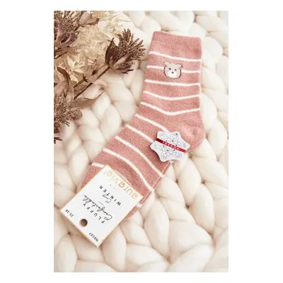 Women's warm striped socks with teddy bear, pink