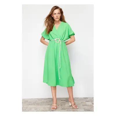 Trendyol Green Straight A-line Double Breasted Collar Balloon Sleeve Belt Detailed Lily Maxi Wov