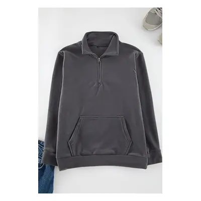 Trendyol Dark Gray Regular Cut Basic Zipper Collar Warm Fleece Sweatshirt