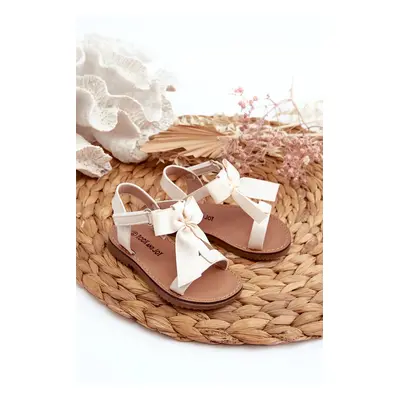 Patent leather children's sandals with Velcro bow, light beige Joratia