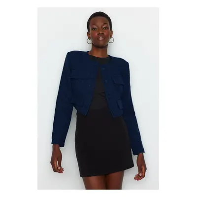 Trendyol Limited Edition Navy Blue Tweed Crop Woven Jacket