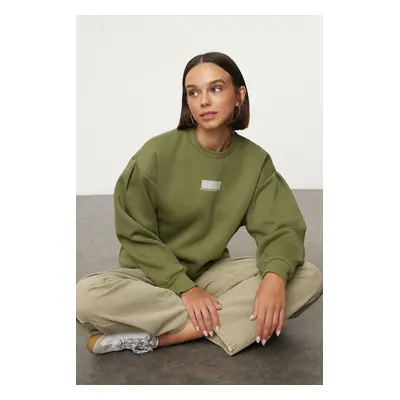 Trendyol Khaki Thick Fleece Inside Minimal Printed Balloon Sleeve Knitted Sweatshirt