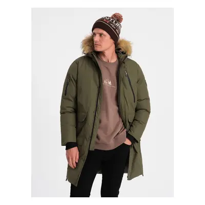 Ombre Alaskan men's winter jacket with detachable fur from the hood - dark olive green