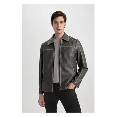 DEFACTO Slim Fit Polo Collar Lined Faux Leather Coat Jacket