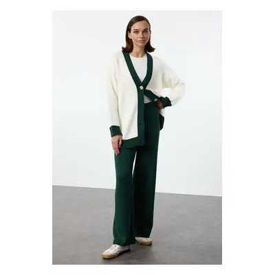 Trendyol Dark Green Stripe Detailed Cardigan-Pants Knitwear Set