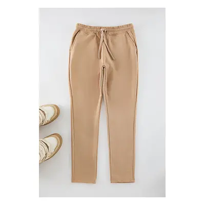 Trendyol Beige Slim Fit Elastic Waist Tie Suede Trousers