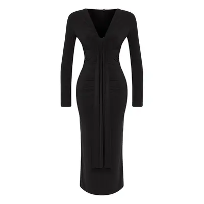 Trendyol Black Bodycon V Neck Draped Knit Dress