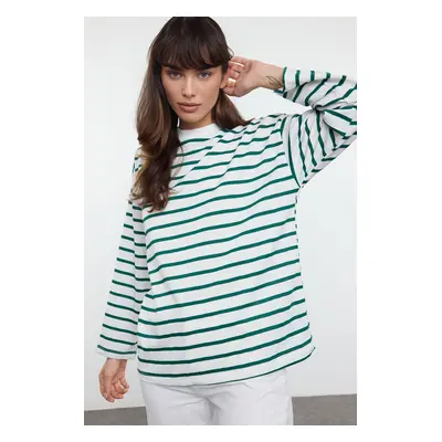 Trendyol Green Striped Oversize/Wide Cut Crew Neck Thin Knitted Sweatshirt