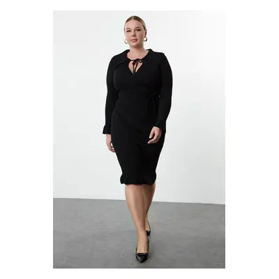 Trendyol Curve Black Corduroy Shirt Collar Double Breasted Knitwear Dress