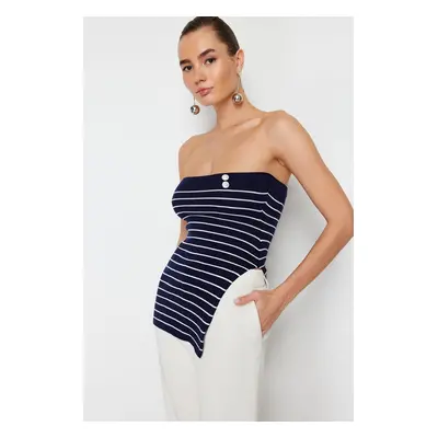 Trendyol Navy Blue Striped Strapless Premium Yarn/Special Yarn Knitwear Blouse