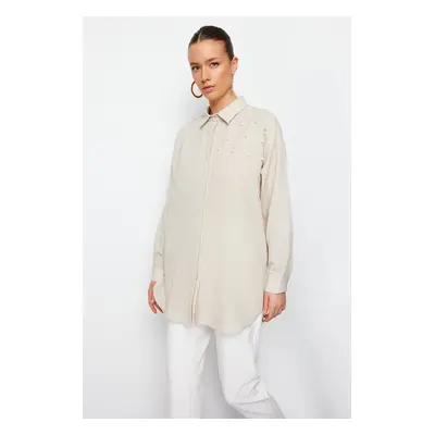 Trendyol Stone Pearl Detailed Cotton Woven Shirt