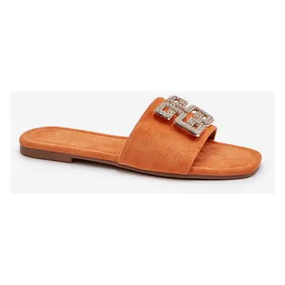 Women's flat heel slippers with embellishments, orange insole