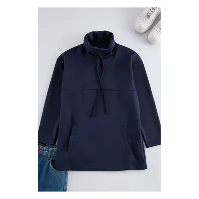 Trendyol Navy Blue Turtleneck Knitted Scuba Sweatshirt