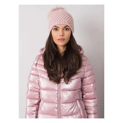 Lady's light pink beanie with pompoms