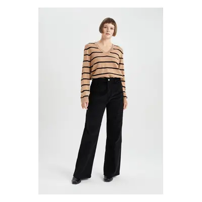 DEFACTO Wide Leg High Waist Wide Leg Pocket Basic Plain Corduroy Trousers