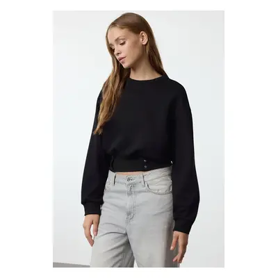 Trendyol Black Snap Fastener Relaxed Crop Thick Knitted Sweatshirt