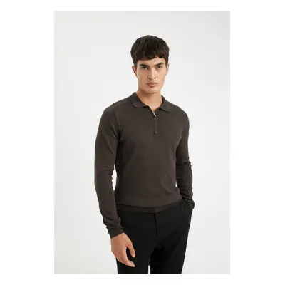 DEFACTO Men's Brown Standard Fit Regular Cut Stand Collar Semi Zipper Knitwear Sweater