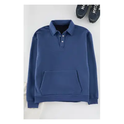 Trendyol Basic Indigo Oversize/Wide Cut Shirt Collar Pocket Fleece Thick Sweatshirt