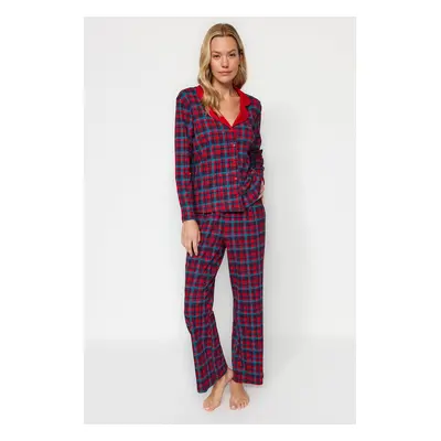 Trendyol Premium Red 100% Cotton Plaid Shirt-Pants Knitted Pajamas Set