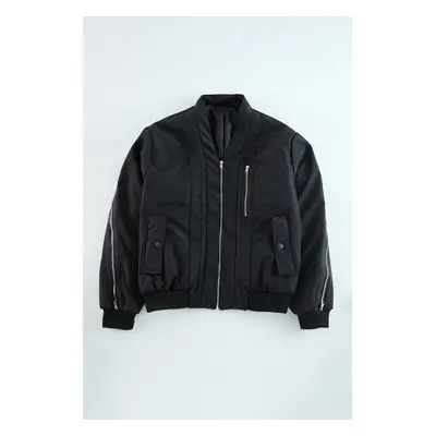 Trendyol Limited Edition Black Oversize Fit Zipper Detail V Neck Coat