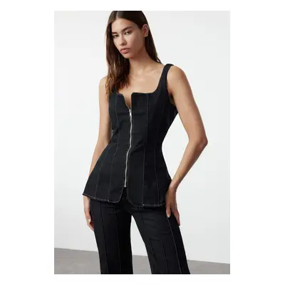 Trendyol Black Stitch Detailed Zippered Denim Blouse