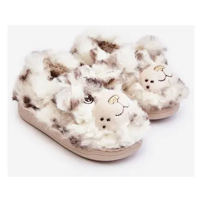 Fluffy children's slippers with teddy bear, light beige Apolania