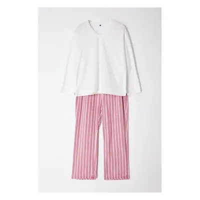 Trendyol Curve Pink Striped Fleece Knitted Pajama Set