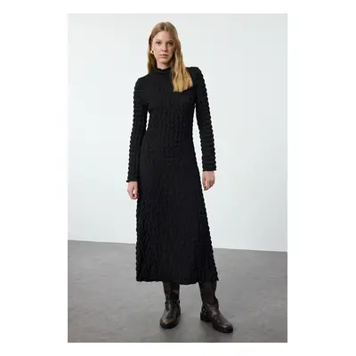 Trendyol Black Plain Textured High Collar A-Line Flexible Maxi Knitted Dress