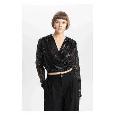 DEFACTO Crop Wrap Collar Sequined Long Sleeve Blouse