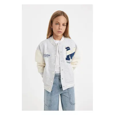 DEFACTO Girls Printed College Collar Bomber Cardigan with Soft Fur Inside