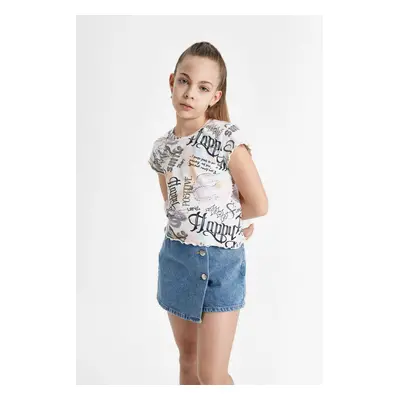 DEFACTO Girls Crew Neck Patterned Short Sleeve Crop T-Shirt