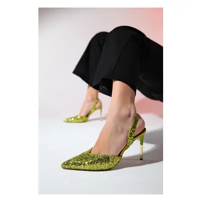 LuviShoes OVERAS Green Sequined Pointed Toe Women's Thin Heeled Evening Shoes