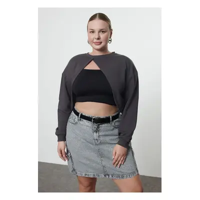 Trendyol Curve Anthracite Asymmetrical Super Crop Crew Neck Thin Knitted Sweatshirt