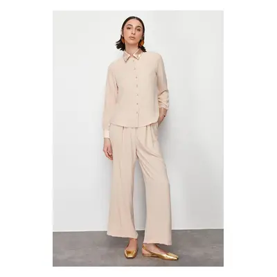 Trendyol Mink Satin Detailed Woven Aerobin Shirt Trousers Top and Bottom Set