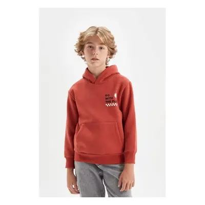 DEFACTO Boy Orange Pocket Text Printed Hooded Thick School Sweatshirt