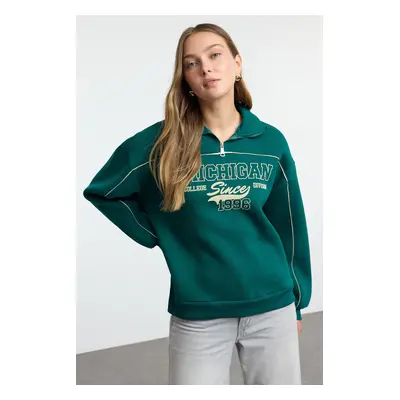 Trendyol Emerald Green Zippered Printed Oversize Thick Inside Fleece Knitted Sweatshirt