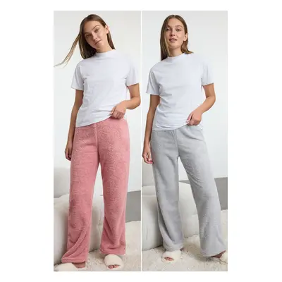 Trendyol Pink-Grey 2-Pack Plush Knitted Pajama Bottoms