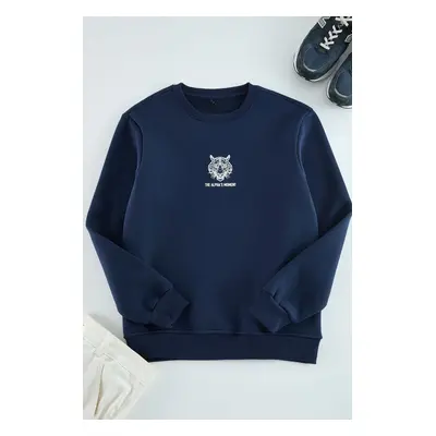 Trendyol Navy Blue Oversize Animal Printed Cotton Sweatshirt