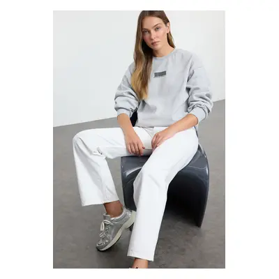 Trendyol Grey Melange Thick Polar Fleece Minimal Printed Balloon Sleeve Knitted Sweatshirt