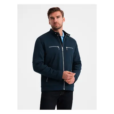 Ombre Men's biker jacket with collar and pockets - navy blue