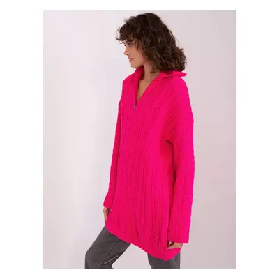 Fluo pink women's sweater with cables