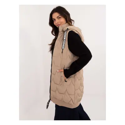 Beige long quilted vest with zipper